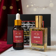 Load image into Gallery viewer, Two oil bottles labeled 'OUD ETE' by Esque Parfums on a marble surface with a blurred background. Vegan , alcohol free, toxin free, paraben free 
