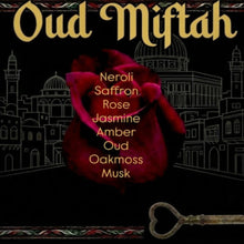 Load image into Gallery viewer, Oud Miftah product packaging with a red rose and architectural elements on a black background. A grounding blend for those who have love for Palestine &amp; a heart‑shaped key- Nakba - EsQue Parfum 