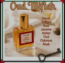 Load image into Gallery viewer, Perfume bottle labeled 'Oud Miftah' with key on a marble surface- Notes from the land of Palestine - Nakba - a resilient blend 
